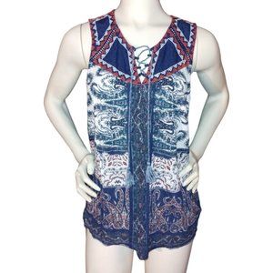LUCKY BRAND Navy Blue Sleeveless Boho Paisley Lace Up Tassel Tank Top size S/P